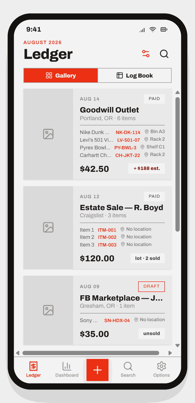 The Resellers Pro Tools ledger, showing thrift-store receipts with their items, SKUs and shelf locations