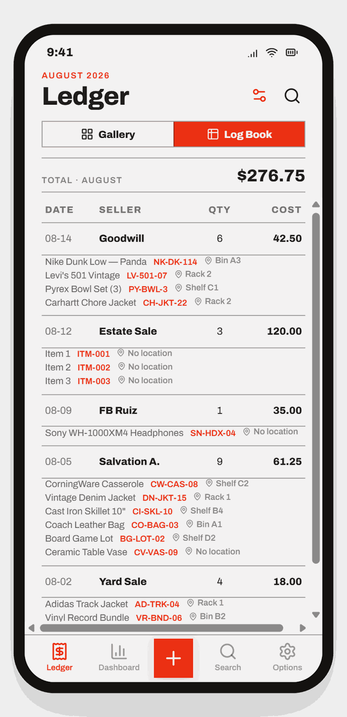 Ledger log book view listing purchases by date, seller, quantity and cost with a monthly total