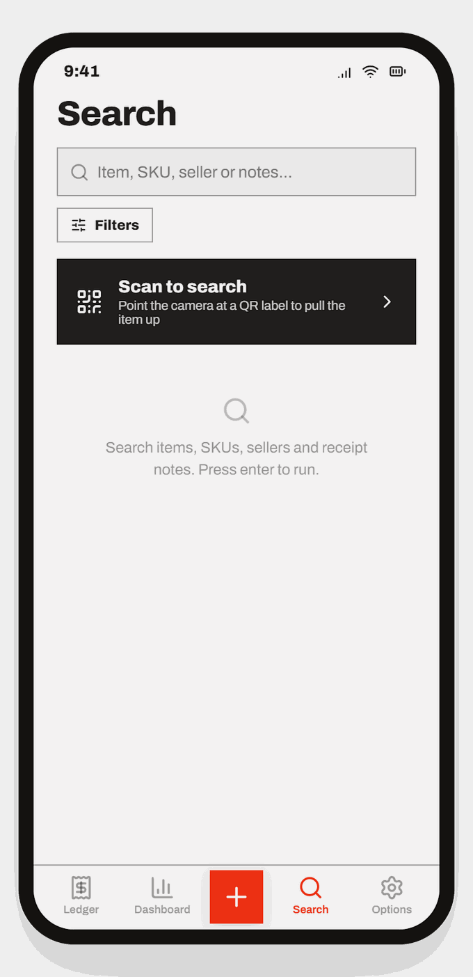 Search screen with a scan-to-search panel that pulls up an item from its QR label